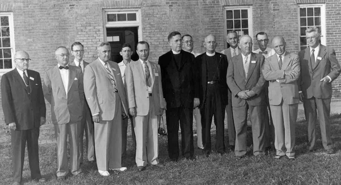 Group b&w photo of 12 older white men who founded the Old Bohemia Historical Society in 1953