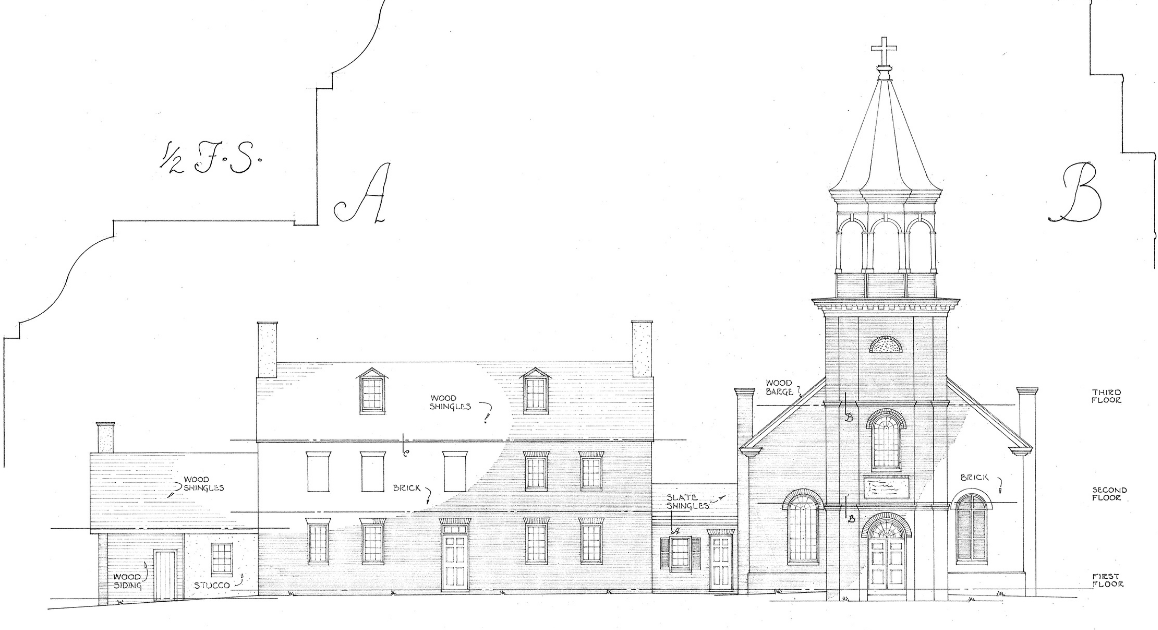 Architectural rendering of St. Francis Xavier Shrine and rectory buildings by architects Pope and Kruse