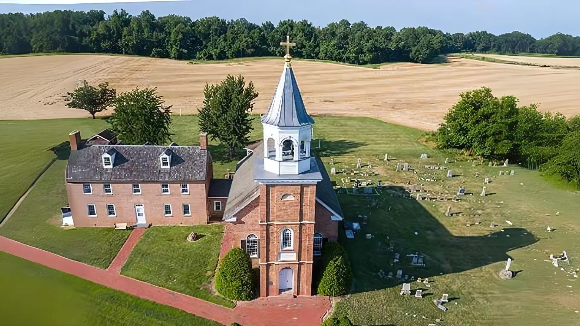 Bird's Eye View of St. Francis Xavier Shrine, rectory, cemetery, and surrounding farmland